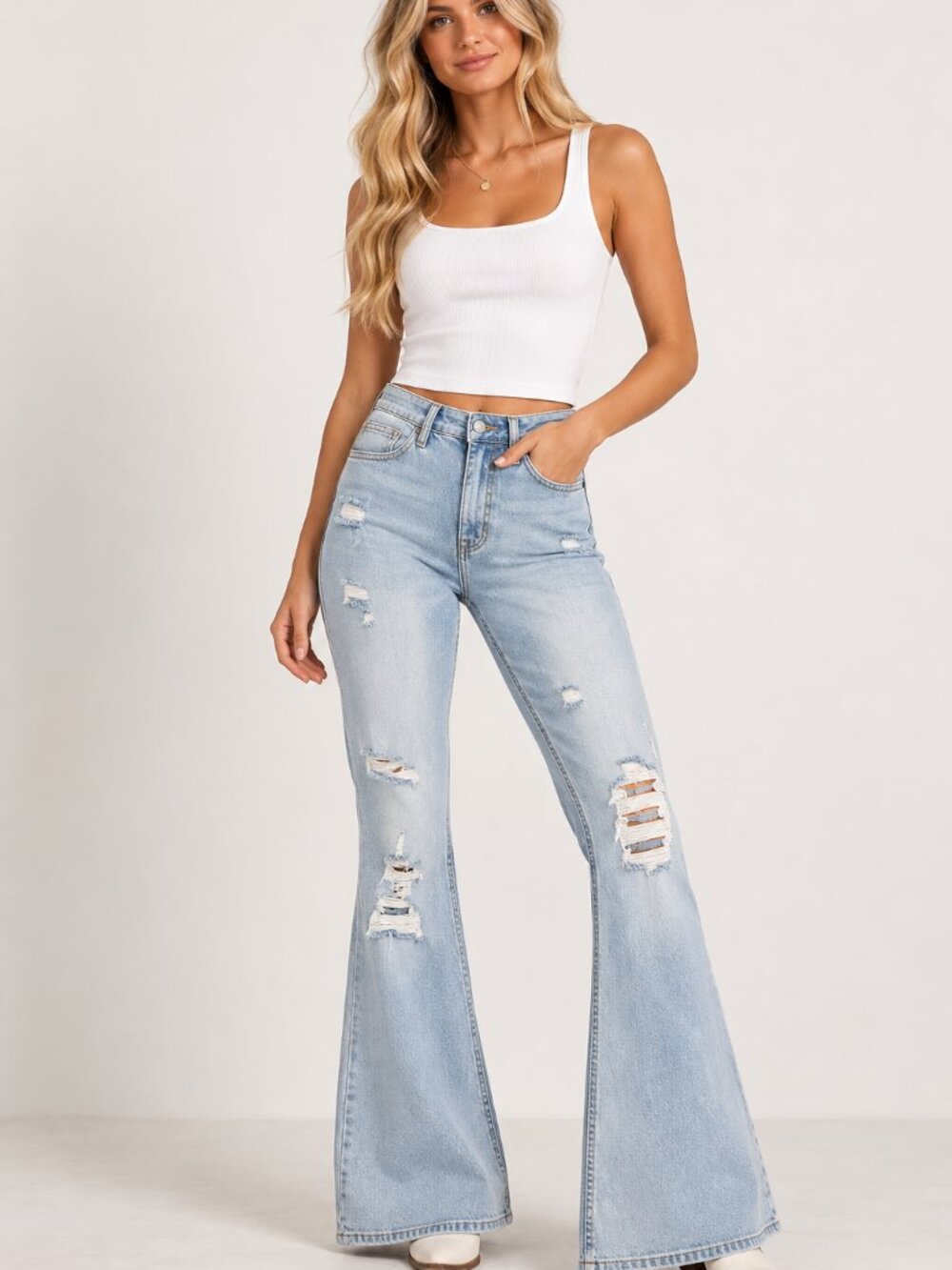 Rock & Roll Denim Distressed High Rise Flare Jeans Light Wash NWT Size 27x32